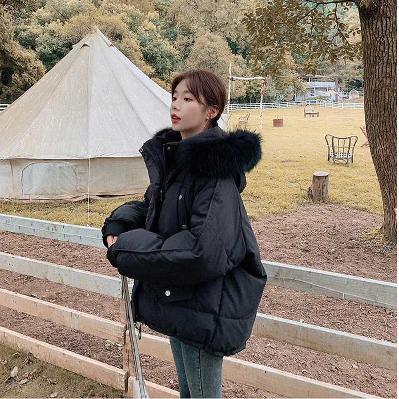 2022 New Winter Jacket Women Parkas Big Fur Collar Hooded Coat Warm Cotton Padded Female Jacket Loose Outwear