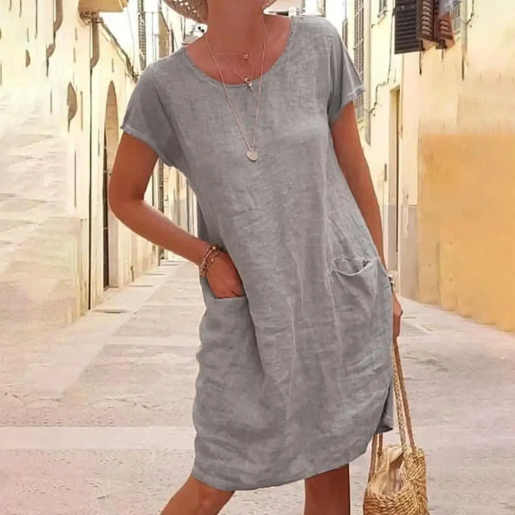 

Women Dress Round Neck Solid Color Short Sleeve Dress Casual Dress Dress Short Sleeve Round Neck Dress for Daily Wear
