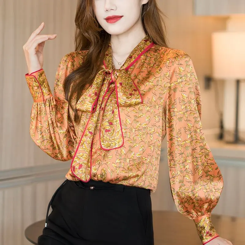 

Female Clothing Broken Flowers Printed Blouse Vintage Bow Stylish V-Neck Drawstring Spring Autumn Commute Single-breasted Shirt