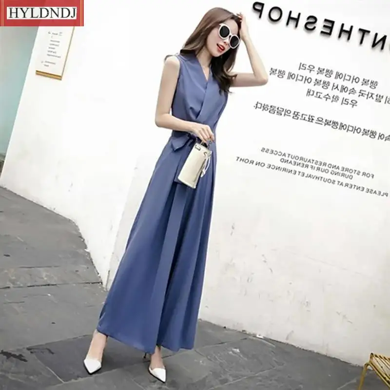 2023 Summer New Fashion Leisure V-Neck Slim Jumpsuit Student Korean Sleeveless Vest Rompers Birthday Outfits Wide Leg Pant Women