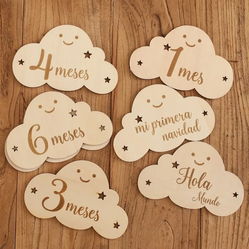 8pc/set Wooden Baby Milestone Card For Newborn Cute Cloud Shape Photography Props Accessories Month Cards Sticker Newborn Gifts