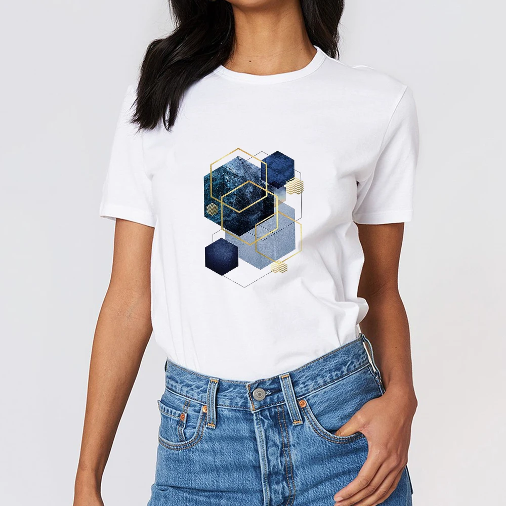 

Hexagon Pattern Women T-Shirt Casual Round Neck Top For Short Sleeve Y2k Aesthetic Soft Girl Shirt 2022 New Summer Free Shipping