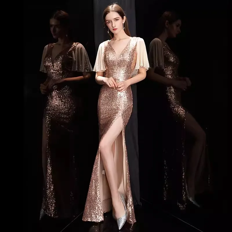 

Новинка 2023, модное Летящее вечернее платье до пола с V-образным вырезом и коротким рукавом, длинное платье с юбкой-годе и разрезом, привлекательная женская одежда