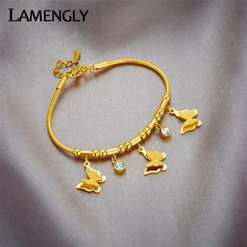 

LAMENGLY 316L Stainless Steel Butterfly Zircon Charm Bracelet For Women Girl New Trendy Bangles Chain Non-fading Jewelry Gift