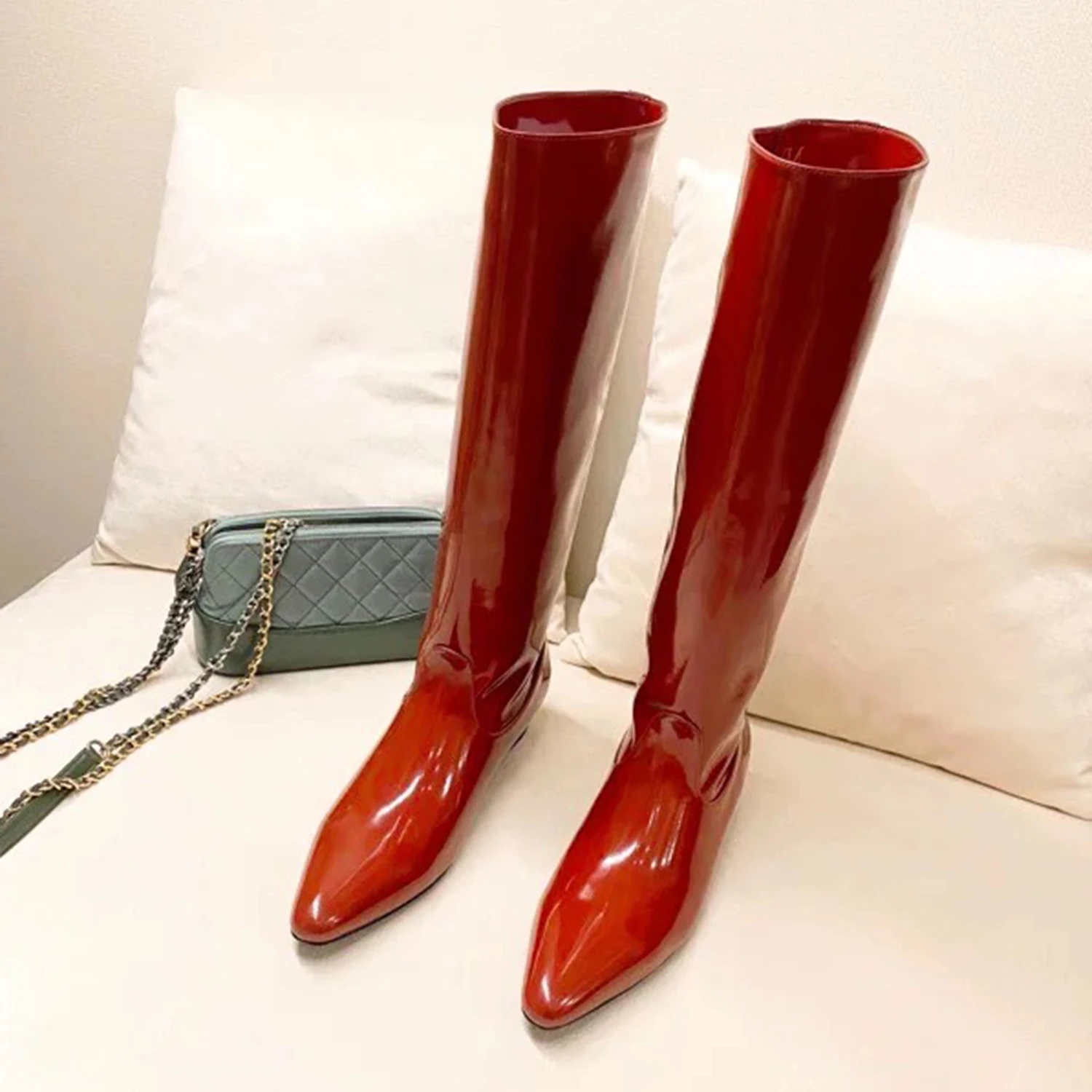 Solid Color Patent Leather Knight Boots Women's 2022 New High Boots Pointed Toe Knee High Boots