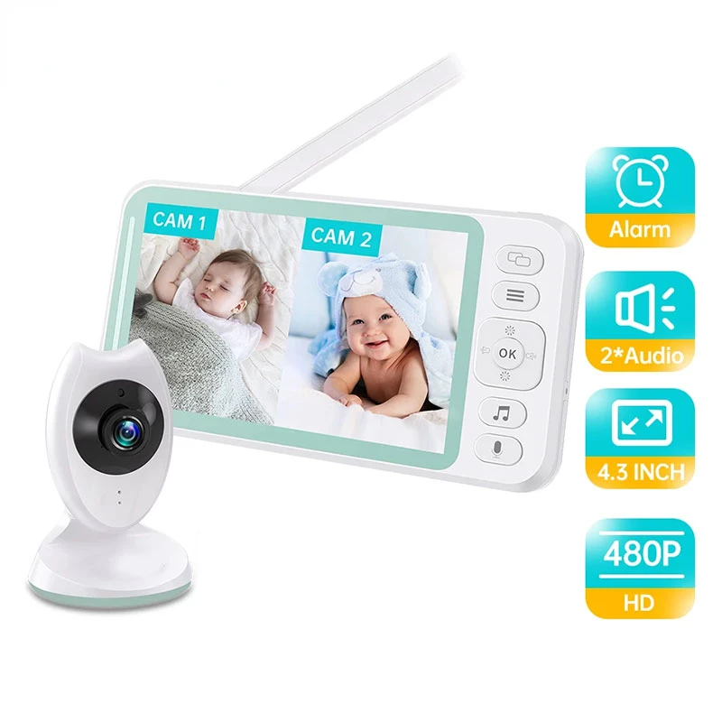 

Small Baby Monitor with Camera Nanny 4.3 Inch Large Screen 2-split Screen Night Vision VOX Mode 2 Way Audio Temperature Monitors