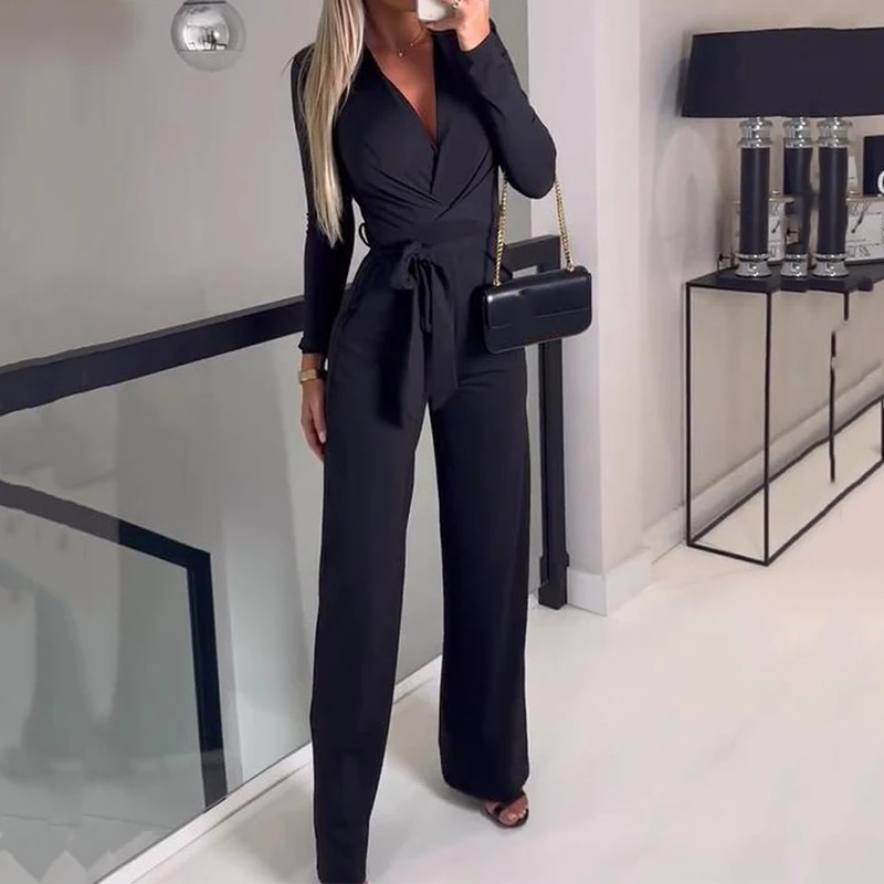 

Women Fashion Long Sleeve Deep V-neck Long Pant Suit Romper Female Casual Loose Overall Commute Solid Tie-up Belt Office Romper