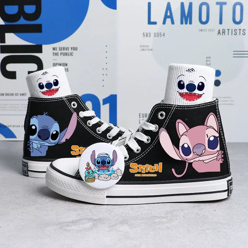 Disney New Real Photos Star Baby Stitch Hand-painted High-top Canvas Student Casual Large Children's Shoes Non-slip Sports Shoes