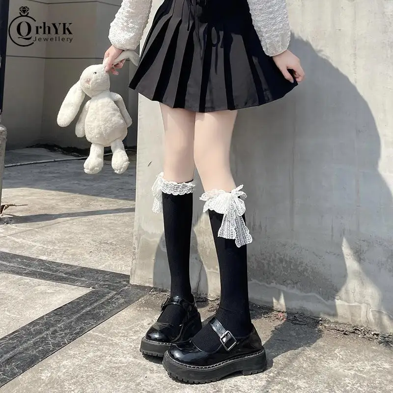 

Women Stockings Japanese Long Socks Lolita Style White Lace Knee High Sock Sweet Girls Cute Bow Thigh High Stocking