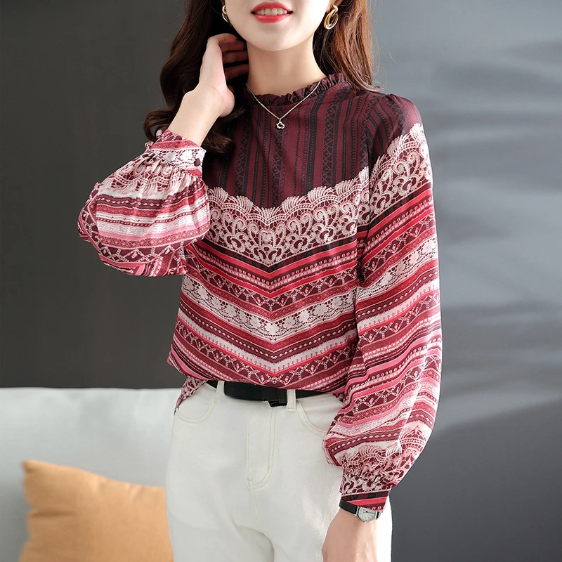 

Женская блузка с принтом, летняя Свободная рубашка, Женский шифоновый топ большого размера с длинным рукавом, модная одежда в Корейском сти...