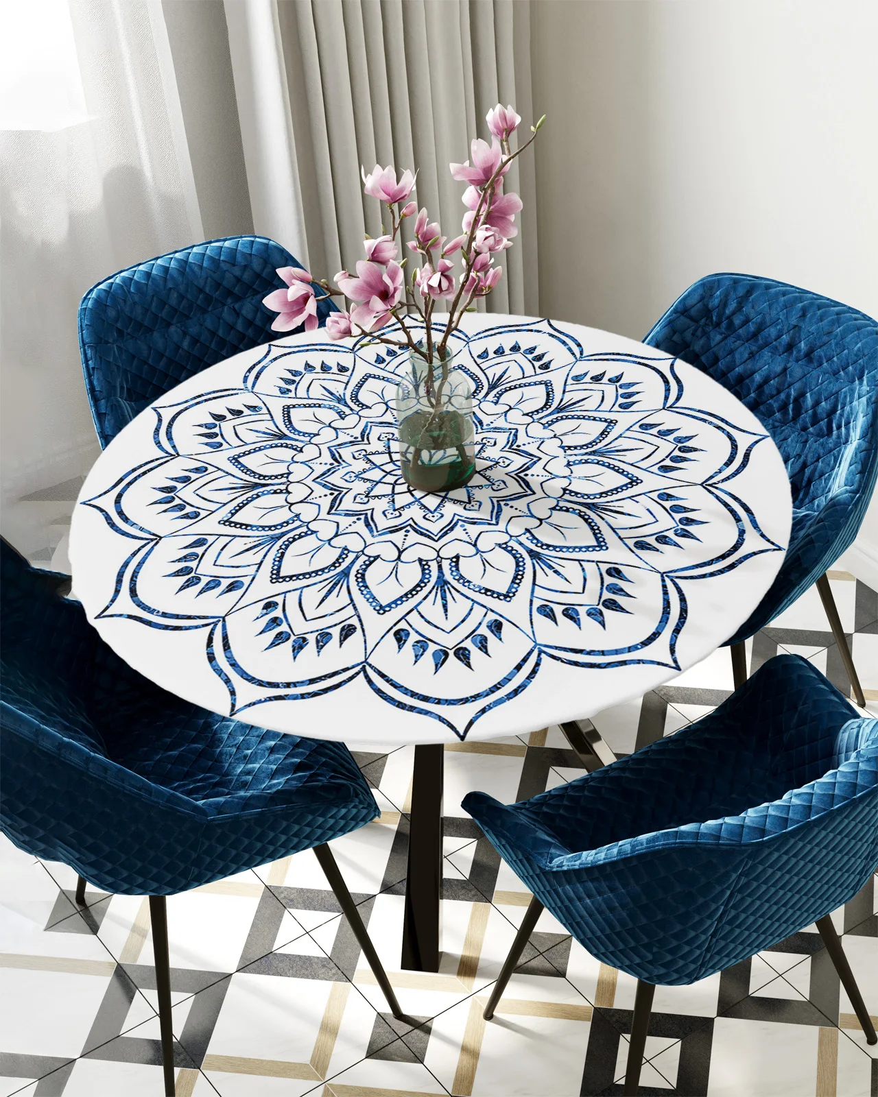 

Mandala Pattern Retro Blue Round Rectangular Table Cover Waterproof Elastic Tablecloth For Kitchen Table Cloth Home Decoration