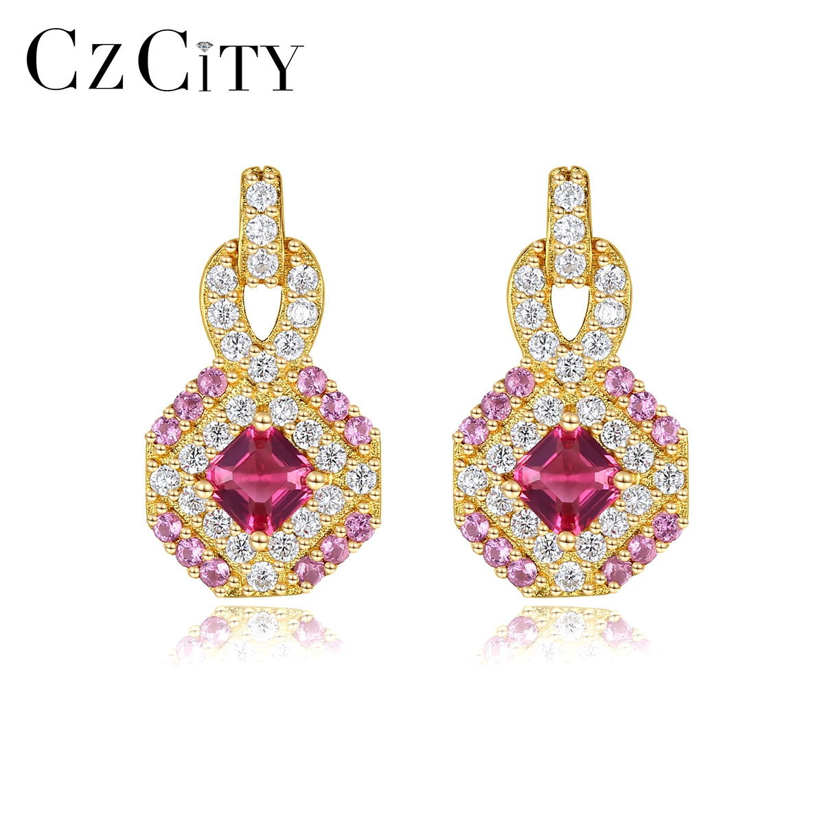 

CZCITY Luxury Topaz Gemstone Stud Earrings for Women Fine Jewelry 925 Sterling Silver CZ Wedding Pendientes Fashion Bijoux Gifts