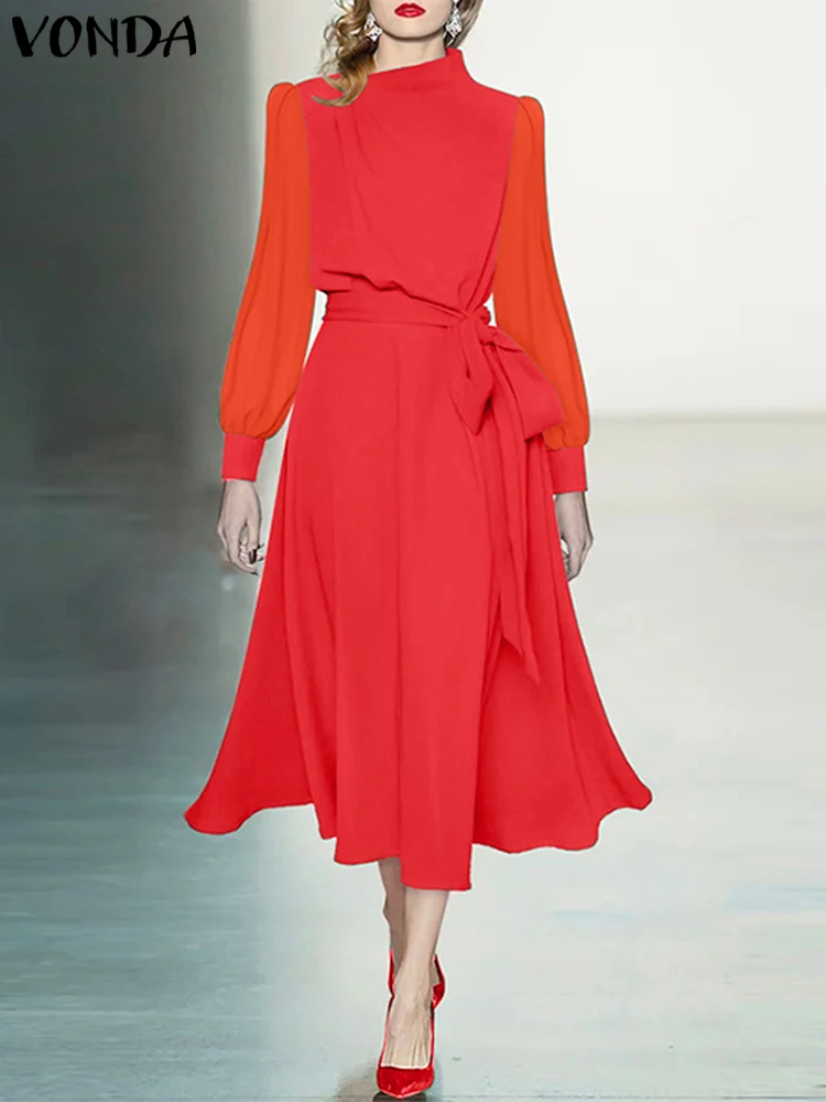 

2023 VONDA Summer Elegant Party Dress Women Long Puff Sleeve Lace Patchwork Belted Ruffled Dress Stand Collar Evening Midi Robe