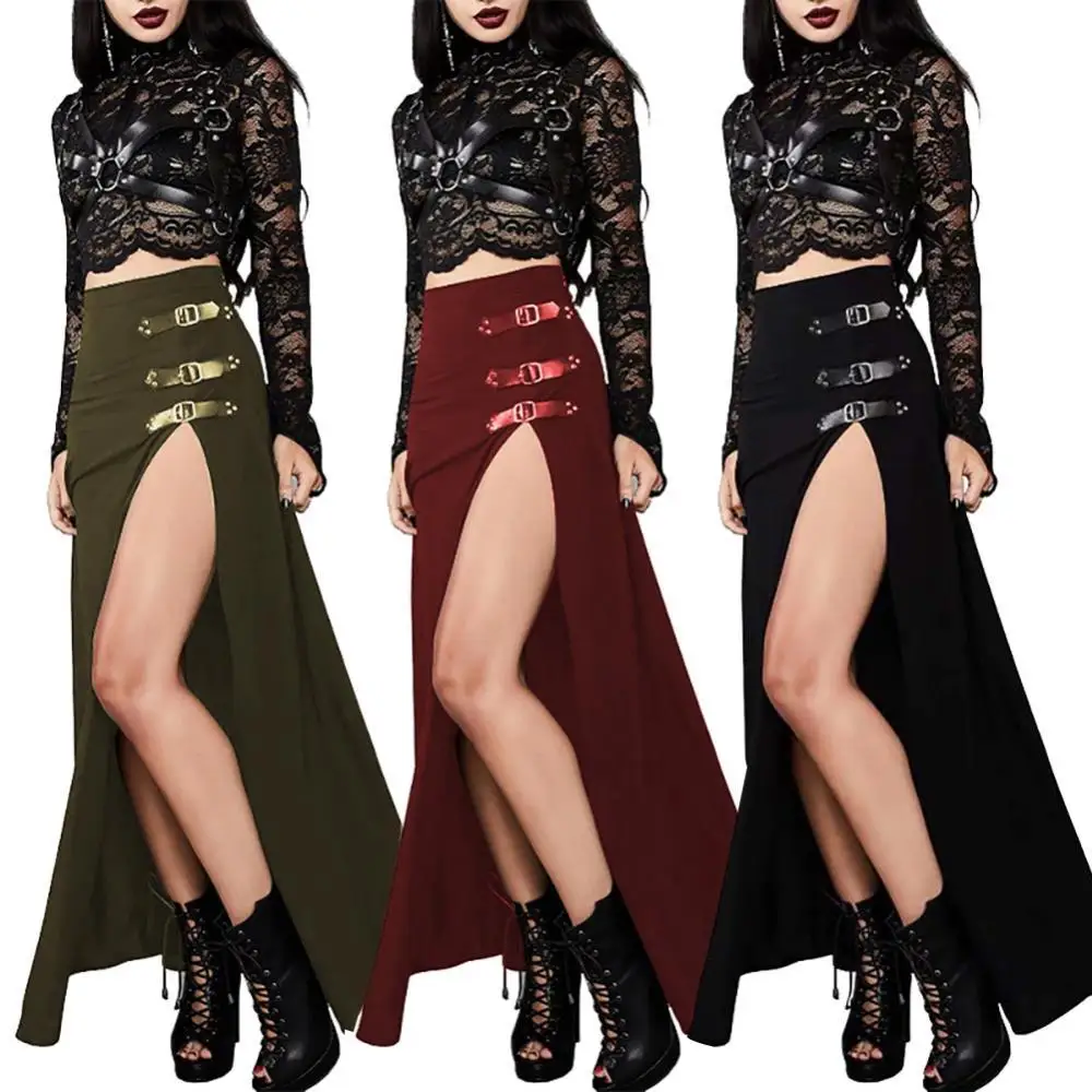 

Skirt High Waist Women HOT SALES!!! Gothic Solid Color Long Side Slit Ankle Length Streetwear