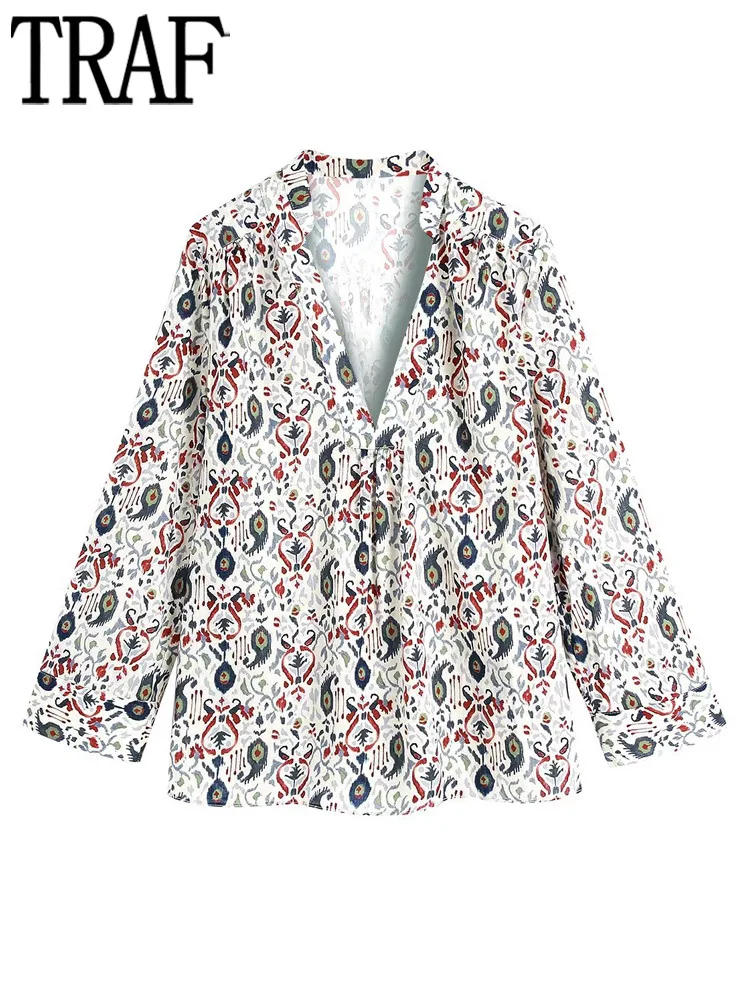 

TRAF Print Boho Blouses Women Casual Chic Woman Blouse Long Sleeve Women Tops and Blouses Fashion Baggy Shirts Woman Summer 2022