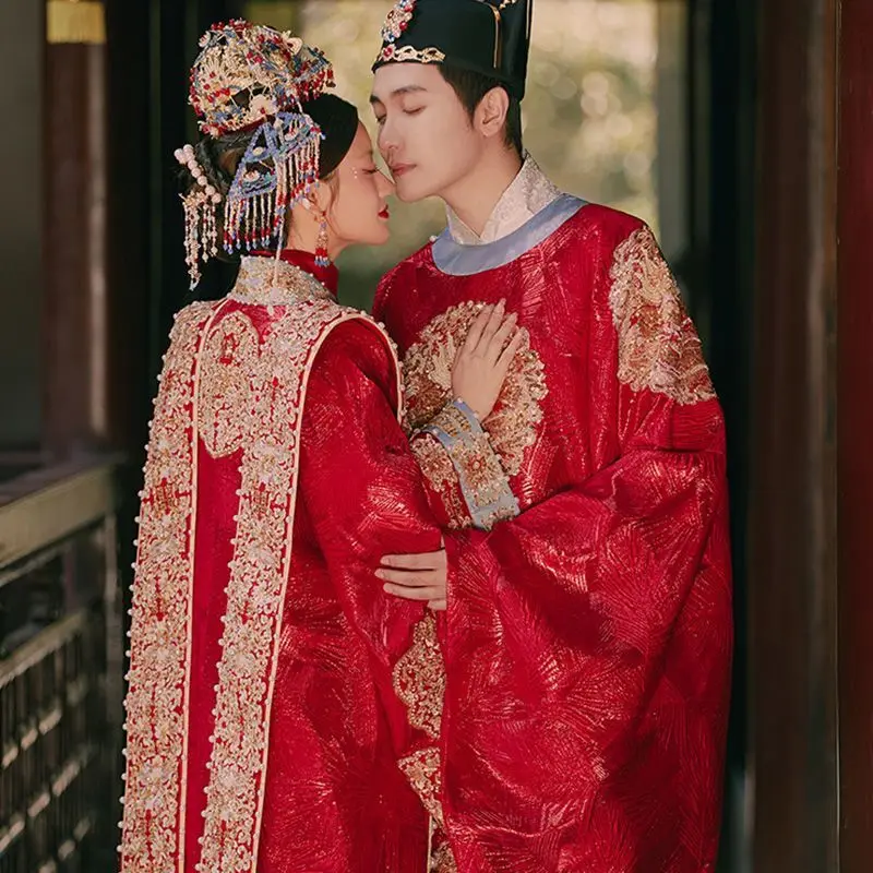 Китайское свадебное платье для мужчин и женщин старинное традиционное красное