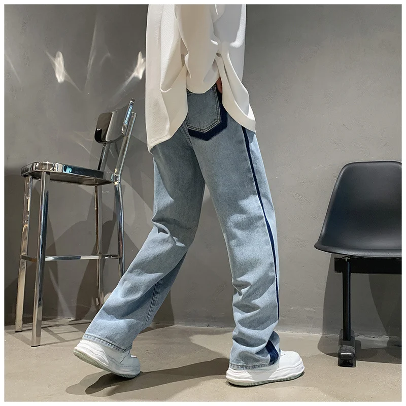 DEEPTOWN Loose Straight Jeans Men Classic Casual Denim Pants Blue Striped Streetwear Korean Fashion Trousers Male Spring Autummn