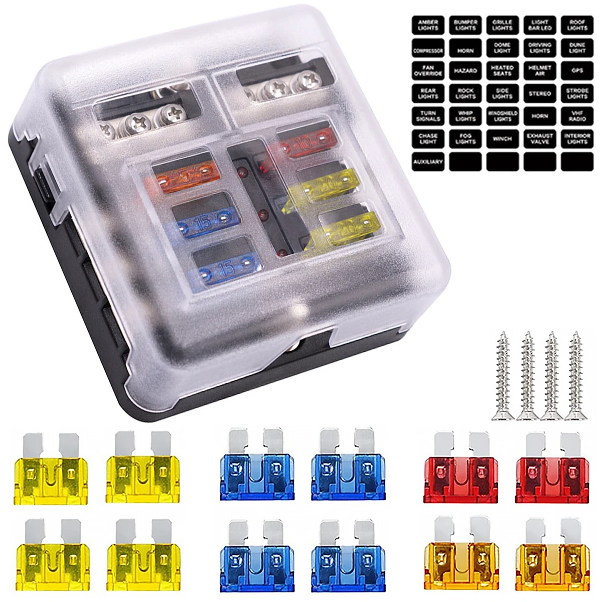 

new 6-Way Fuse Block 12V/24V Circuit Fuse Block Blades Waterproof Fuse Box Holder with 12 Fuse Blades LED Indicator Lables for