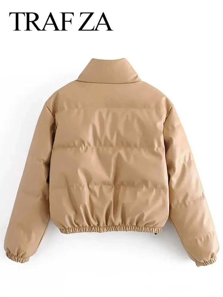 TRAF ZA Winter Women's Clothing Cotton Coat Faux Leather Thick Warm Jacket Vintage Solid Female Adjustable Hem Outerwear Tops