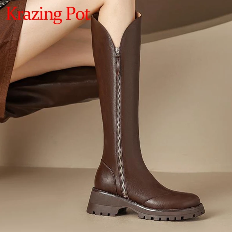 

Krazing Pot New Cow Split Leather Round Toe Thick High Heels Riding Boots Platform Kpop Style Deign Rivets Zip Thigh High Boots