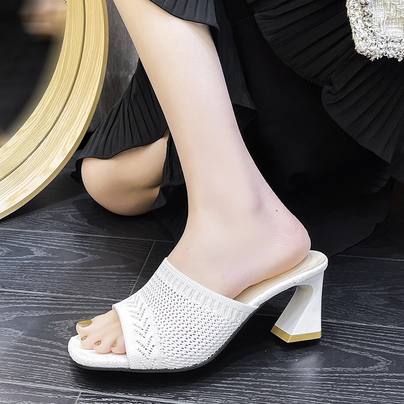 

2022 Luxury Slides Mules Women High Heels Summer Sandals Slippers Ytmtloy Indoor Zapatillas Casa Mujer Beach Sapato Feminino