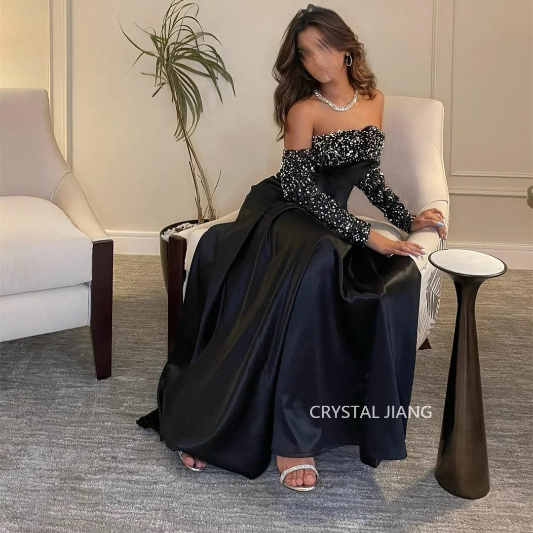 

Женское атласное вечернее платье без бретелек, черное платье трапециевидной формы в пол, расшитое блестками, платье для выпускного вечера