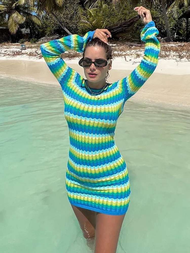 

Summer 2022 Women Dress Sexy Y2K Green Stripe Knit Holiday Beach Dress Club Party Outfits Fashion Bodycon Backless Mini Dress