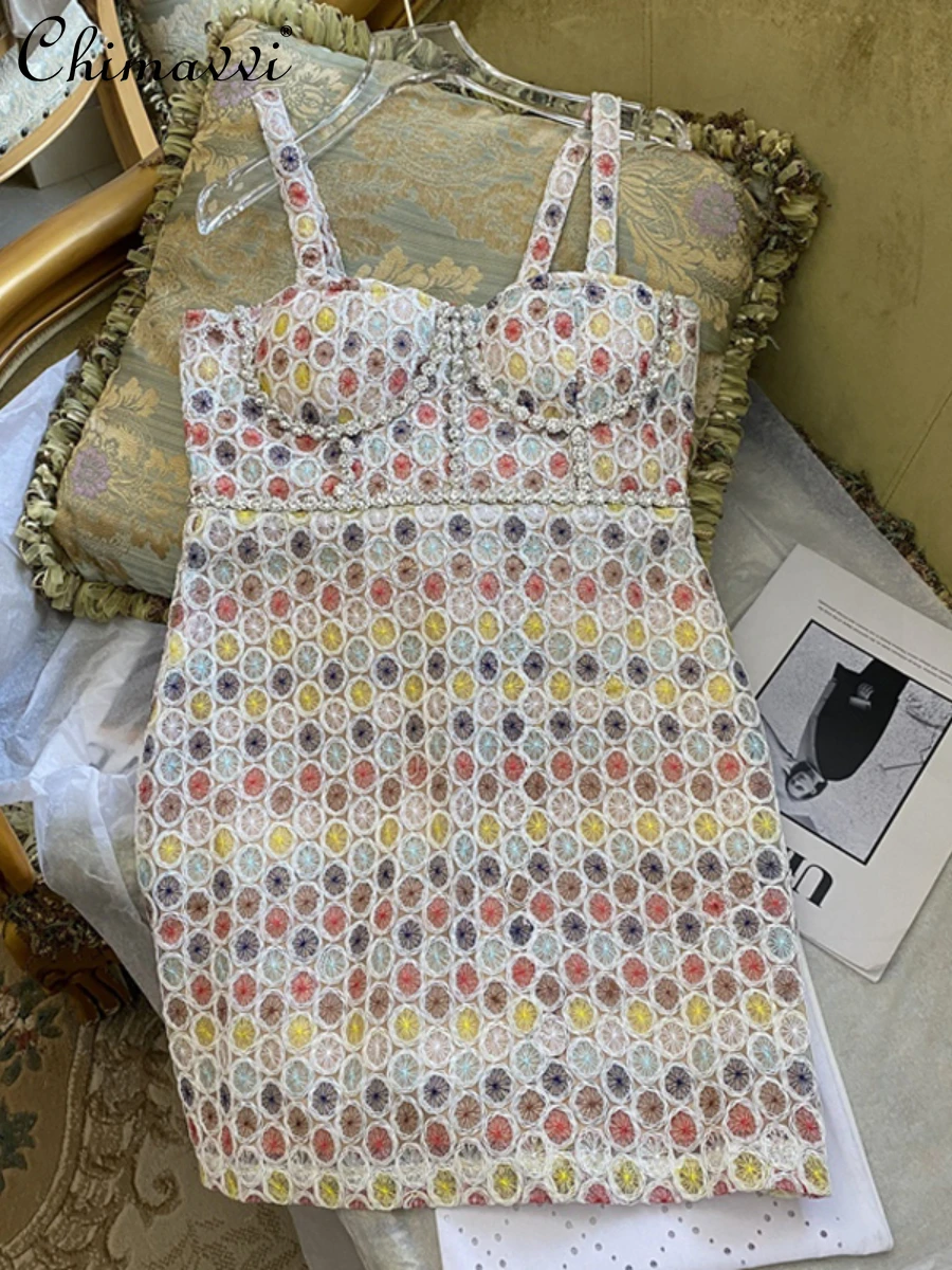 

2022 Summer New Fashion Suspenders Lace Short Dress Embroidery Ethnic Style Diamond-Embedde High-end Elegant Sexy Dress Women