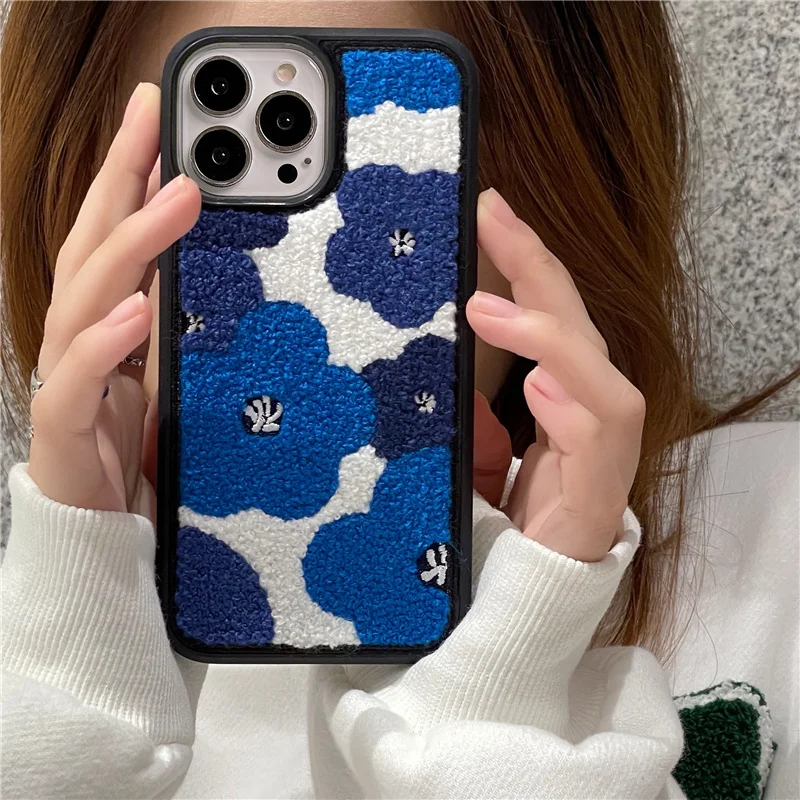 

Korea INS Klein Blue Floral Fuzzy Phone Case For iPhone 13 12 11 Pro Max XR X 7 8Plus Fashion Cute Winter Plush Embroidery Cover