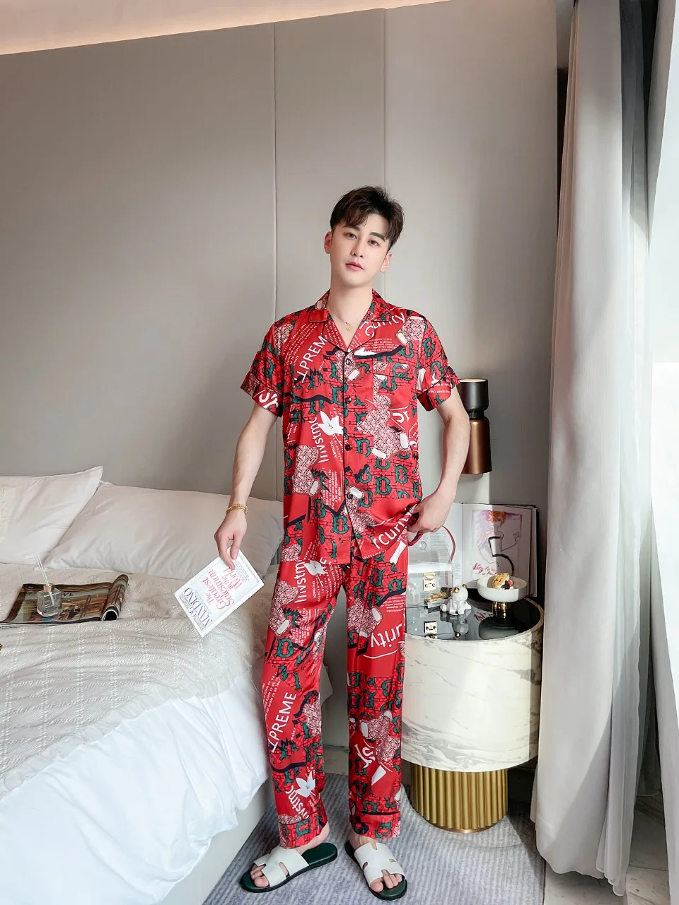 [Women's pajamas] [high-quality]Couple pajamas, women's thin ice silk set, home clothing, two-piece set, internet celebrityStyle