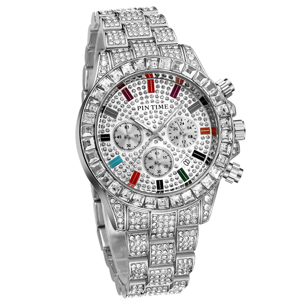 

PINTIME Men's Crystal Watch Fashion Full Iced Out Diamond Quartz Watches For Men Sub-dial Work Luminous Clock Relojes Hombre