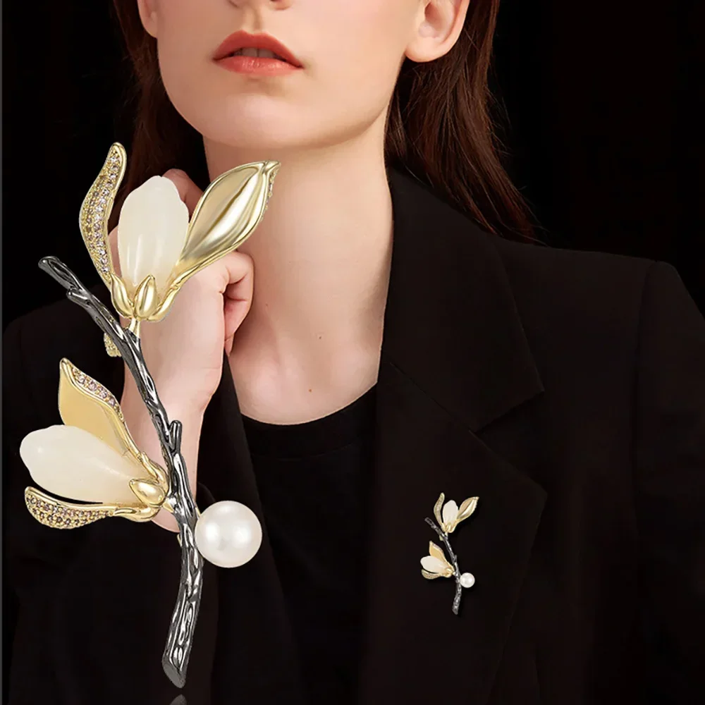 

Elegant Brooch for Women Magnolia Flower Brooches Zircon Pearl Pins High Quality Jewelry Accessories Women’s Birthday Gifts