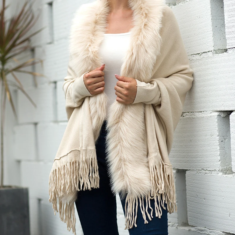 

Lady Fur Collar Winter Shawls And Wraps Bohemian Fringe Oversized Womens Winter Ponchos And Capes Batwing Sleeve Cardigan
