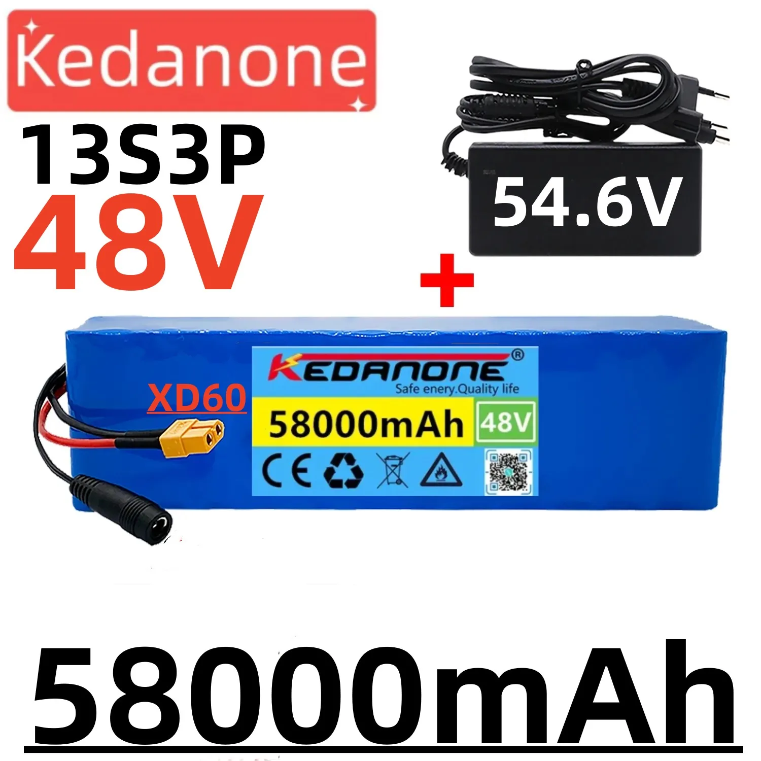 

Paquete de batería recargable de iones de litio para bicicleta eléctrica, cargador de 54,6 V, 2a, 62Ah, 48V, 13S3P, Scooter con