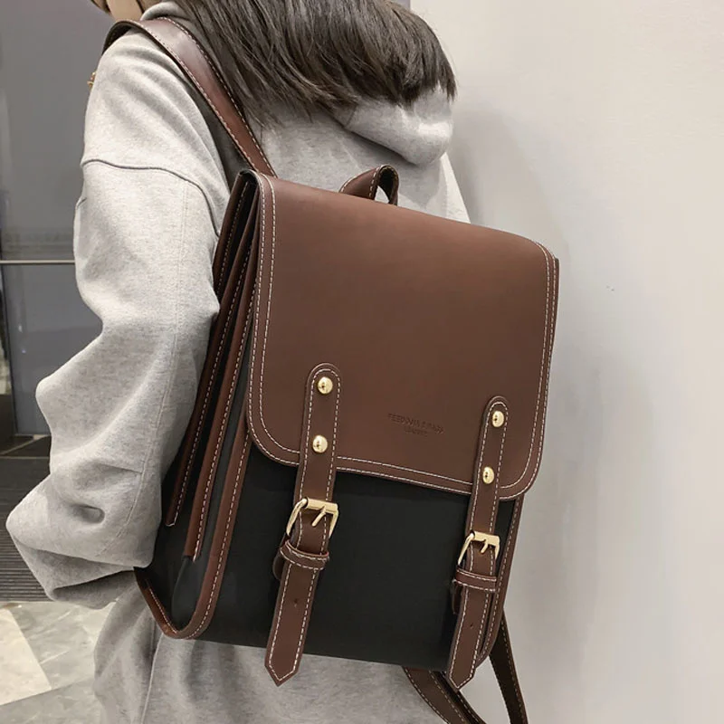 

Retro Fashion Woman Backpack Pu Leather Big School Backpack Bags for Teenagers Girls Simple New Designer Hand Shoulder Bags
