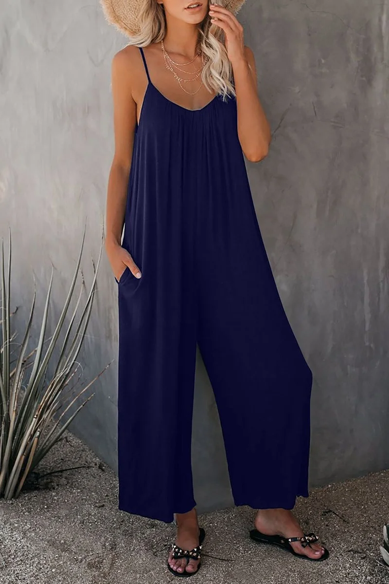 

Women 2021 Summer New Sling Jumpsuits Solid Color Pocket Casual Wide Leg Rompers Folds Loose Oversize One Piece Outfit Boho Red