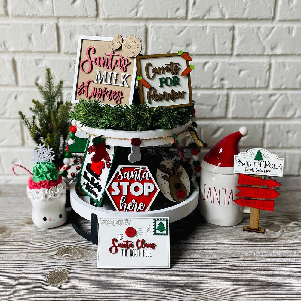 

8pcs DIY Themed Winter Holiday Dining Table Ornaments Tree Signs Farmhouse Christmas Tiered Tray Decor Atmosphere Craft Serving