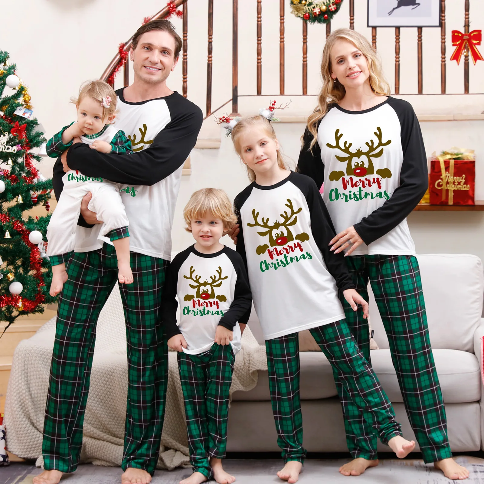 

Green Plaid Print Long Sleeve Xmas Pjs Chrsitmas Pajamas Set Family Matching Outfit Mommy Daughter Father Mother Kids Child 2023