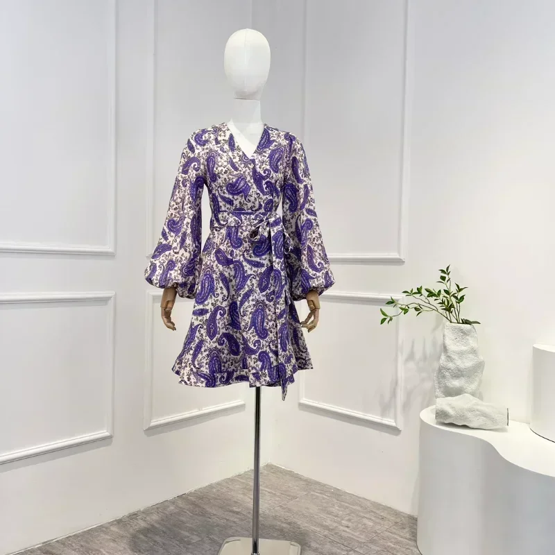 

2023 Purple New Linen Top Quality Spring Summer Paisley Printing Vintage Long Lantern Sleeve Woman Mini Wrap Dress
