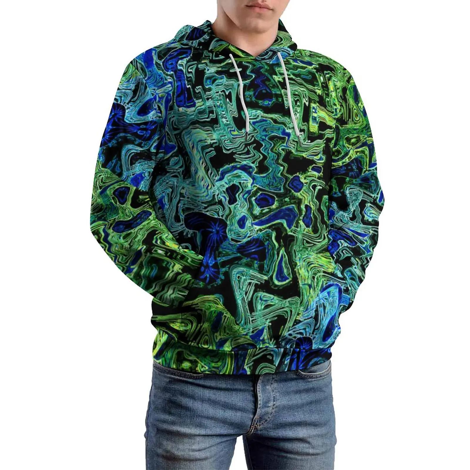 

Свободные толстовки с неоновыми рисунками, черная, синяя, зеленая абстрактная Крутая толстовка унисекс, уличная одежда оверсайз с длинным р...