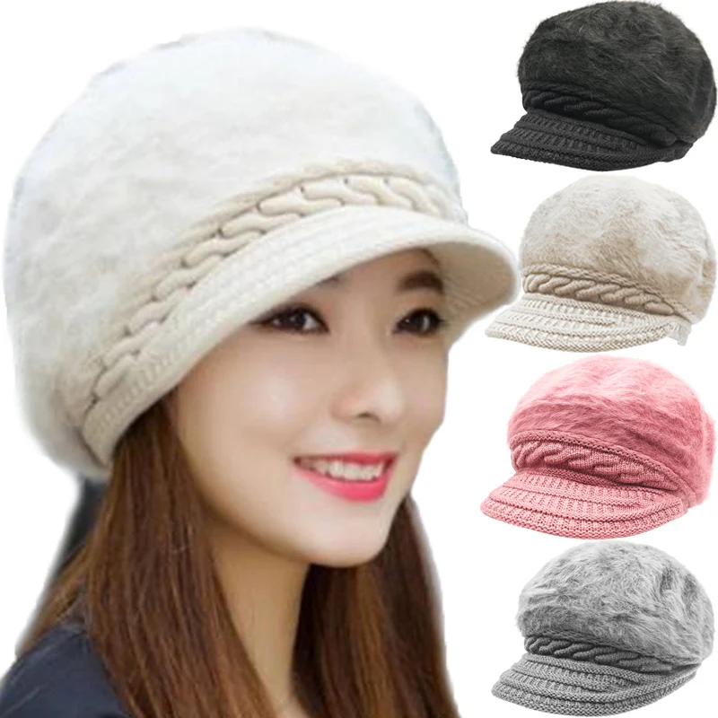 

Soft Fluffy Dome Beret Women Hat Solid Hairy Knitted Wool Berets Winter Warm Brim Newboy Cap Bonnets Beanies 2022 Lady Hats Caps