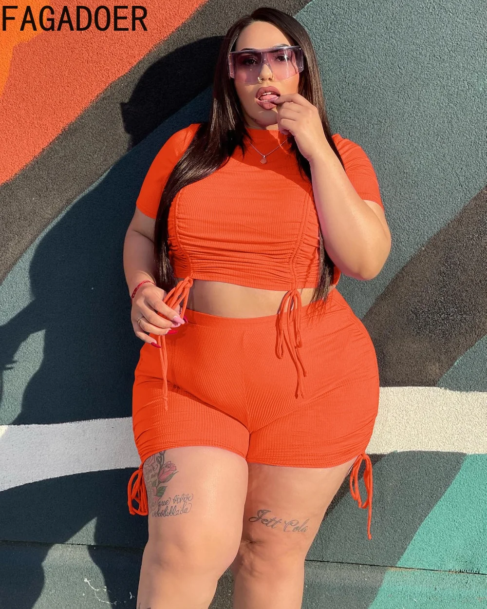 FAGADOER Summer New Solid Shorts Two Piece Set XL-4XL Plus Size Women Round Neck Drawstring Crop Top + Skinny Shorts 2pcs Outfit
