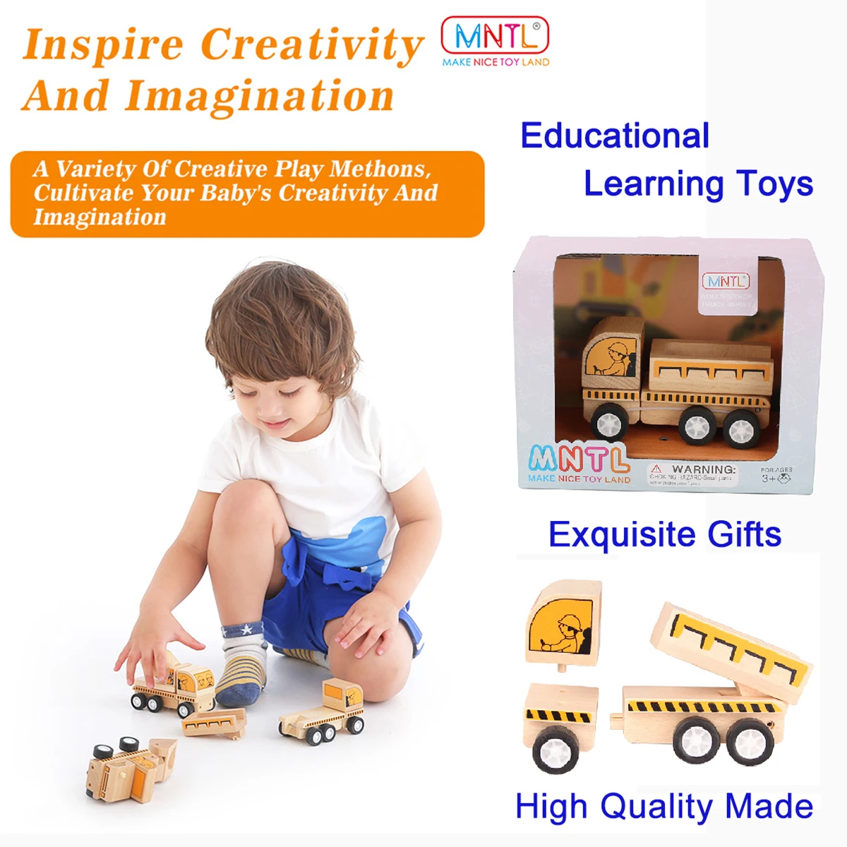Деревянный грузовик MNTL игрушечный прицеп обучающий самосвал разгрузка модель