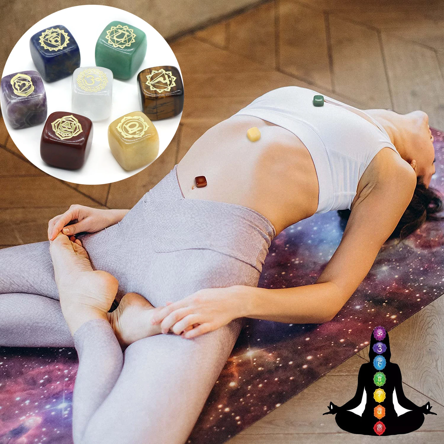 

7 шт./набор, квадратный полированный драгоценный камень с магнитными символами для йоги, медитации