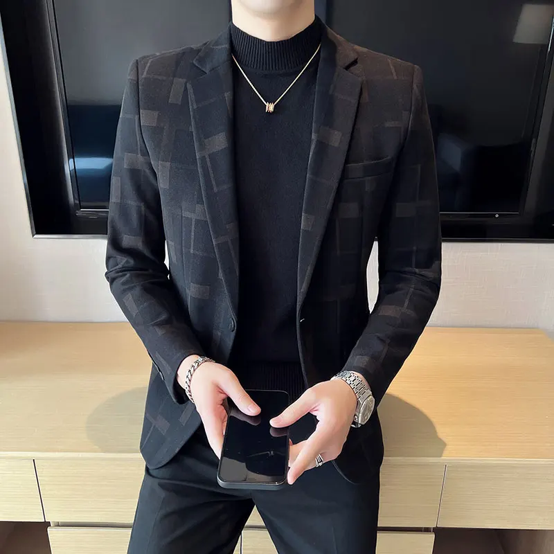

2023New handsome men's trend high-end striped fashion woolen suit autumn and winter new plaid tweed leisure coat single top
