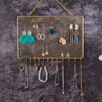 Nordic Style Metal Grid Rectangle Wall Shelf Earring Organizer Jewelry Holder Ear Stud Display Rack for Bracelet Necklace Ring
