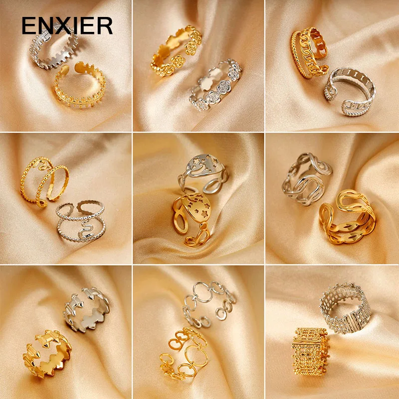 

ENXIER Luxury Geometric Star Love Heart Adjustable Open Ring For Women Men Jewelry 316L Stainless Steel Classic Ladies Ring Gift