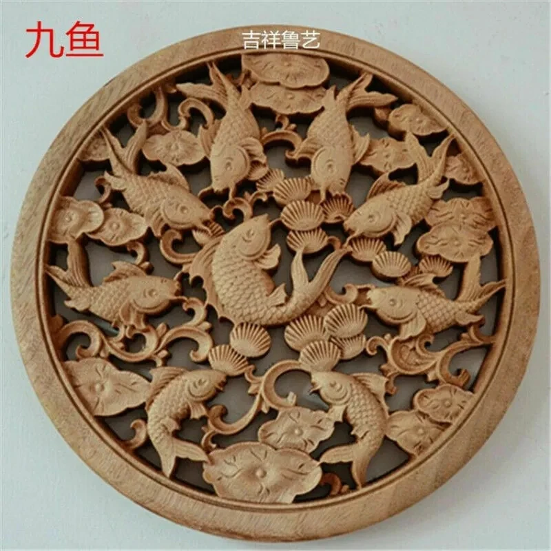 

CHINESE HAND CARVED NINE FISH STATUE CAMPHOR WOOD ROUND PLATE WALL SCULPTURE
