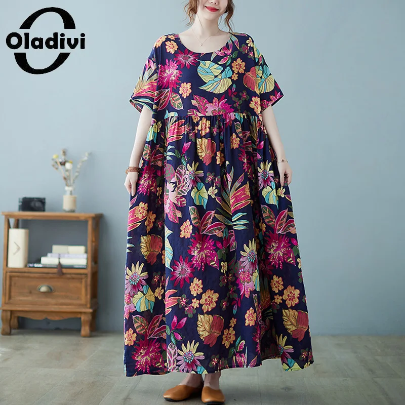 

Oladivi Big Long Dress for Women 2022 Summer New Oversized Casual Loose Boho Dresses Large Size 9087 L 5XL 6XL 7XL 8XL