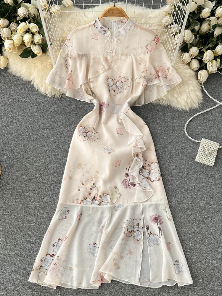 

Женское платье с коротким рукавом и цветочным принтом, вечернее платье в китайском стиле Ципао с оборками, лето 2022